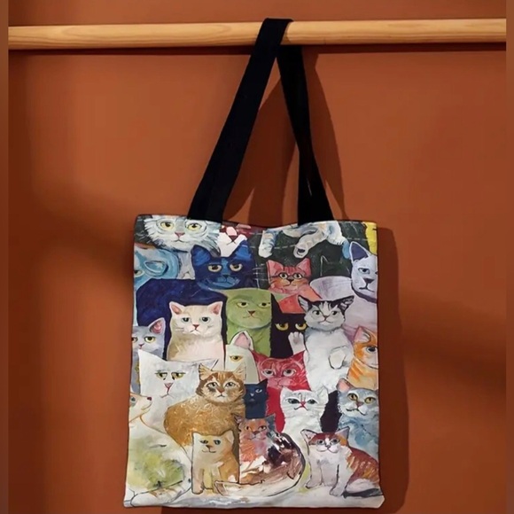 Fashion Kawaii Cats Pattern Shoulder Bag, Lightweight Shopper Tote Bag - Picture 5 of 11